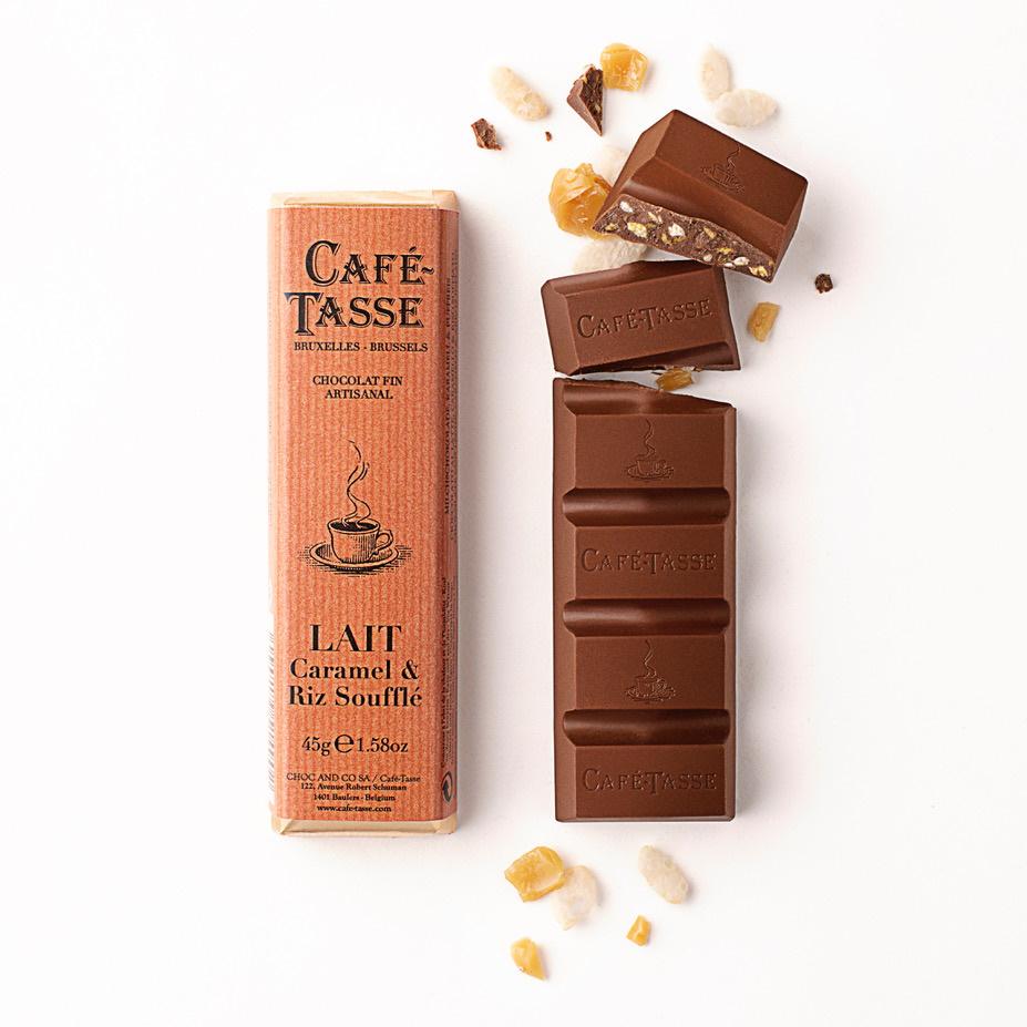 chocolat au lait 38% de cacao, morceaux de caramel et riz